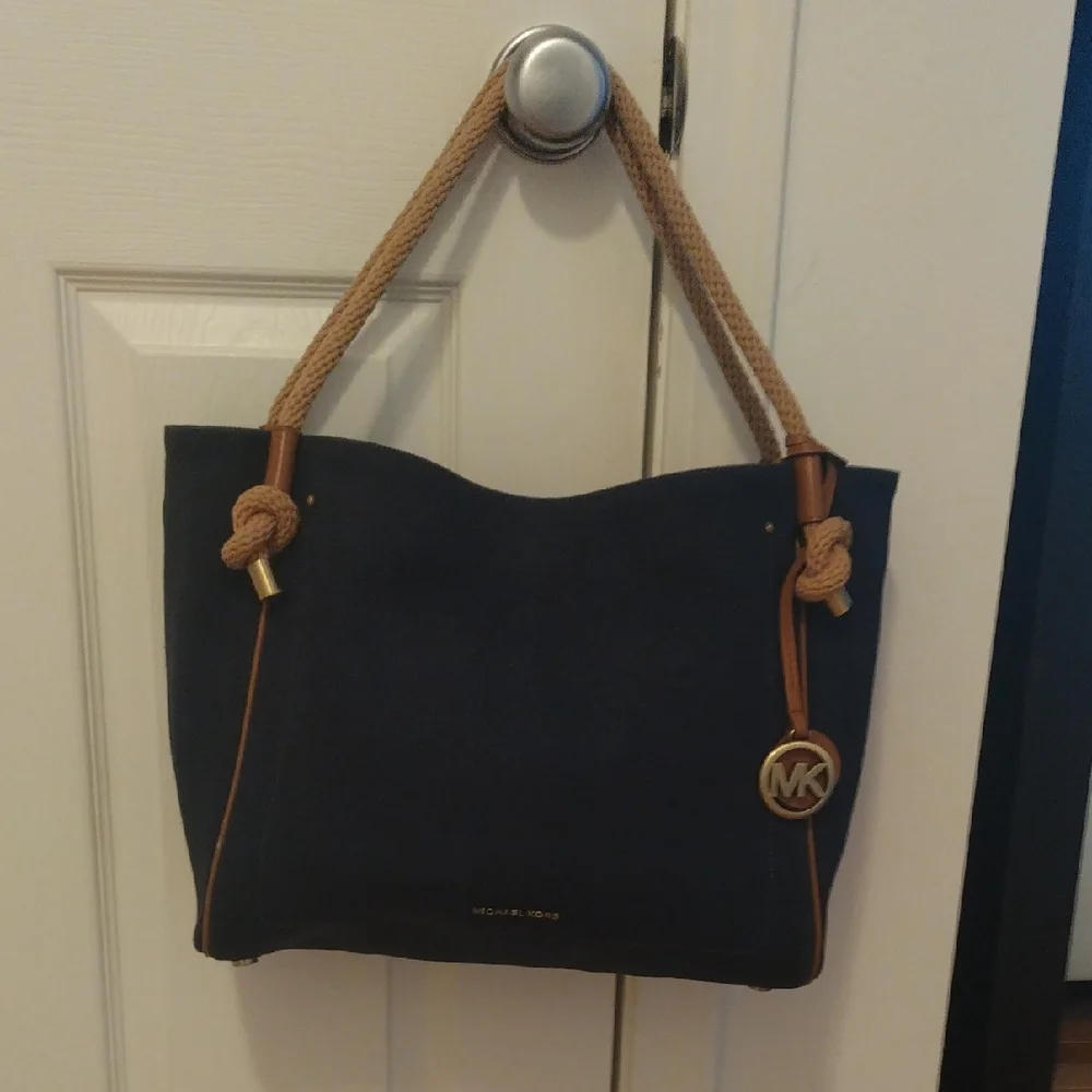 -Michael Kors Blue and Tan Tote with Signature MK Charm Rope Handles